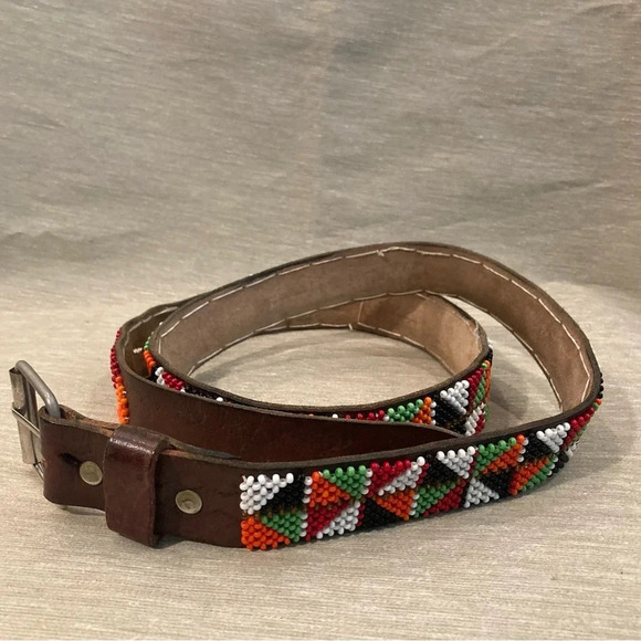 BELT Leather and Colourful Beading All over Beading Handmade Artisan Made - Picture 1 of 6